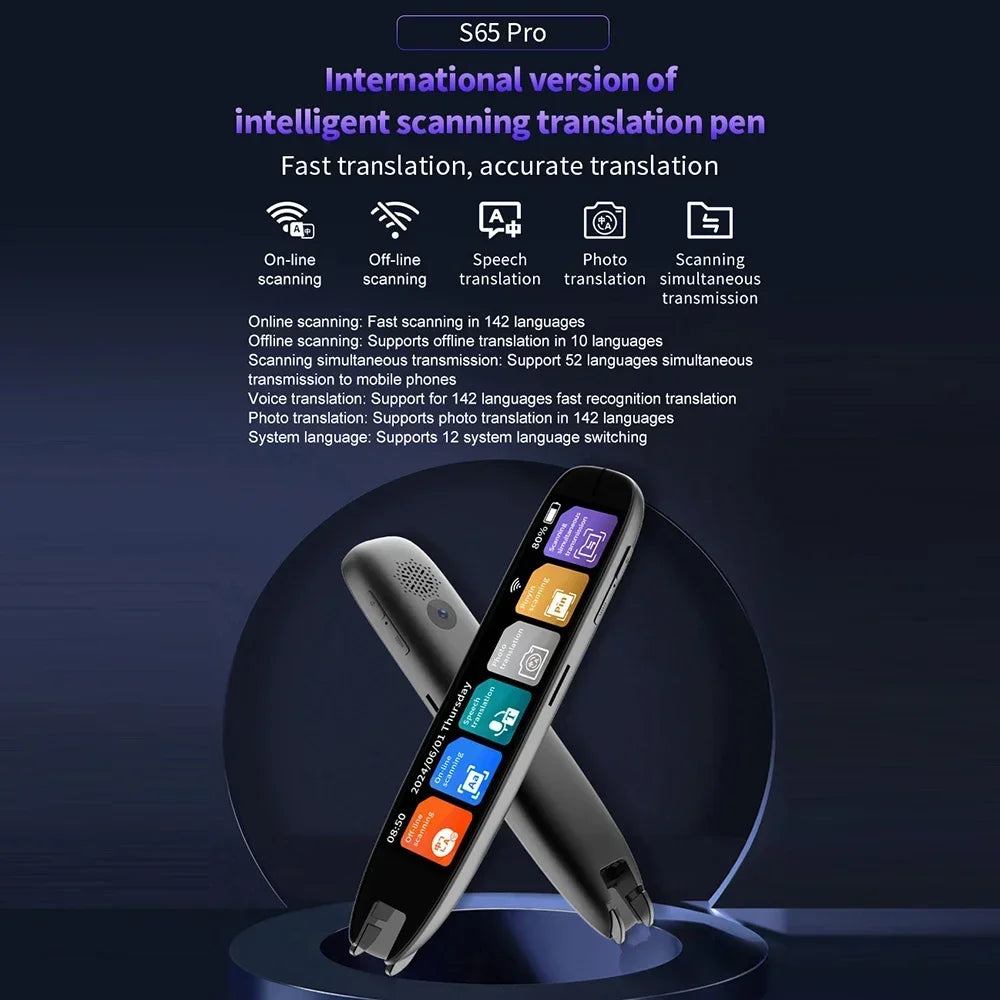 XIKCU S65 Pro Smart Voice Translator 142 Languages WIFI Scan Translation Pen Scanning Translation Pen For Business Travel Abroad